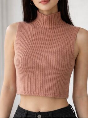 Zara Ribbed Mock Neck Sleeveless Sweater Top in Pink